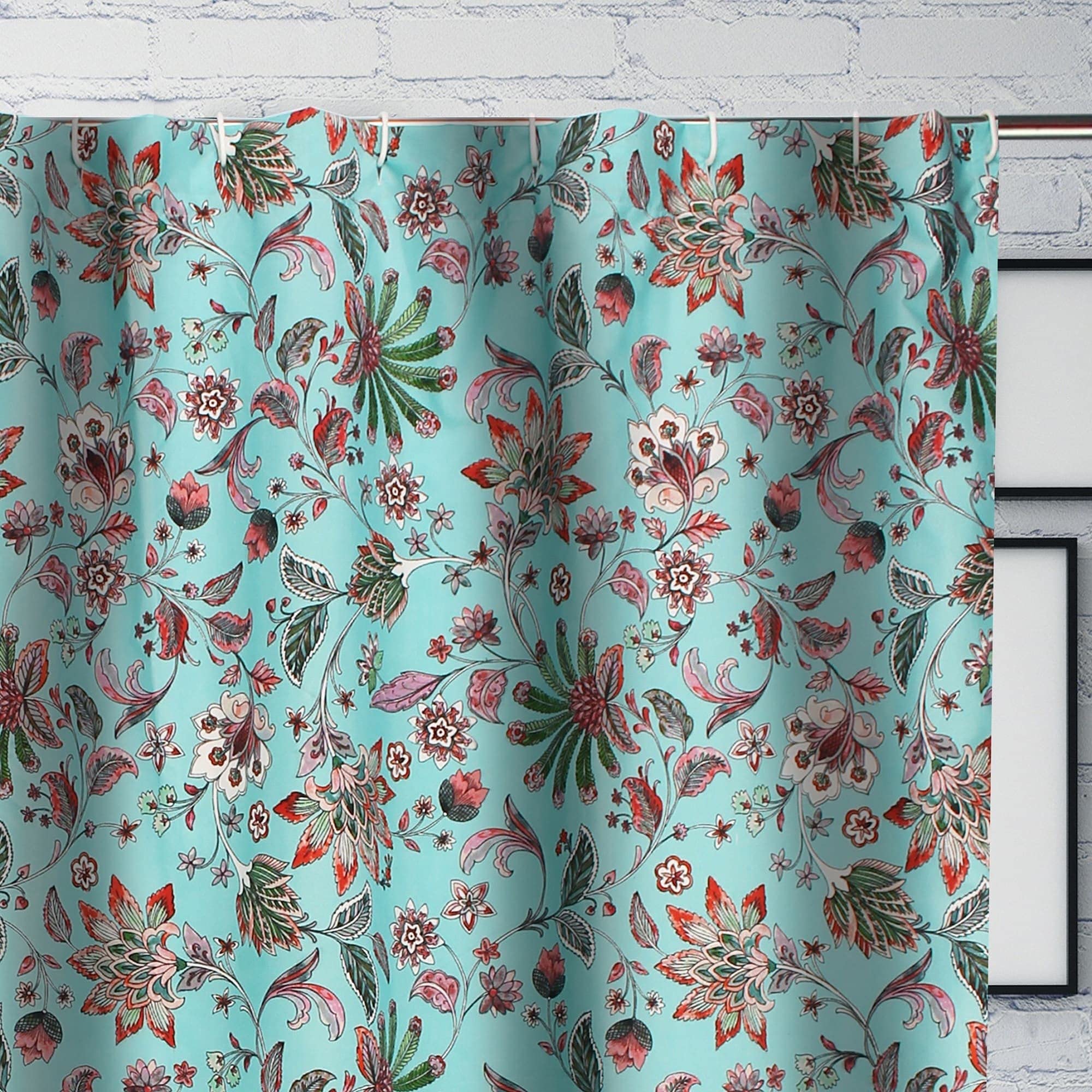 Bath Shower Curtain Blue Green Pink Border Botanical Floral Bohemian Eclectic - Citiesdeals