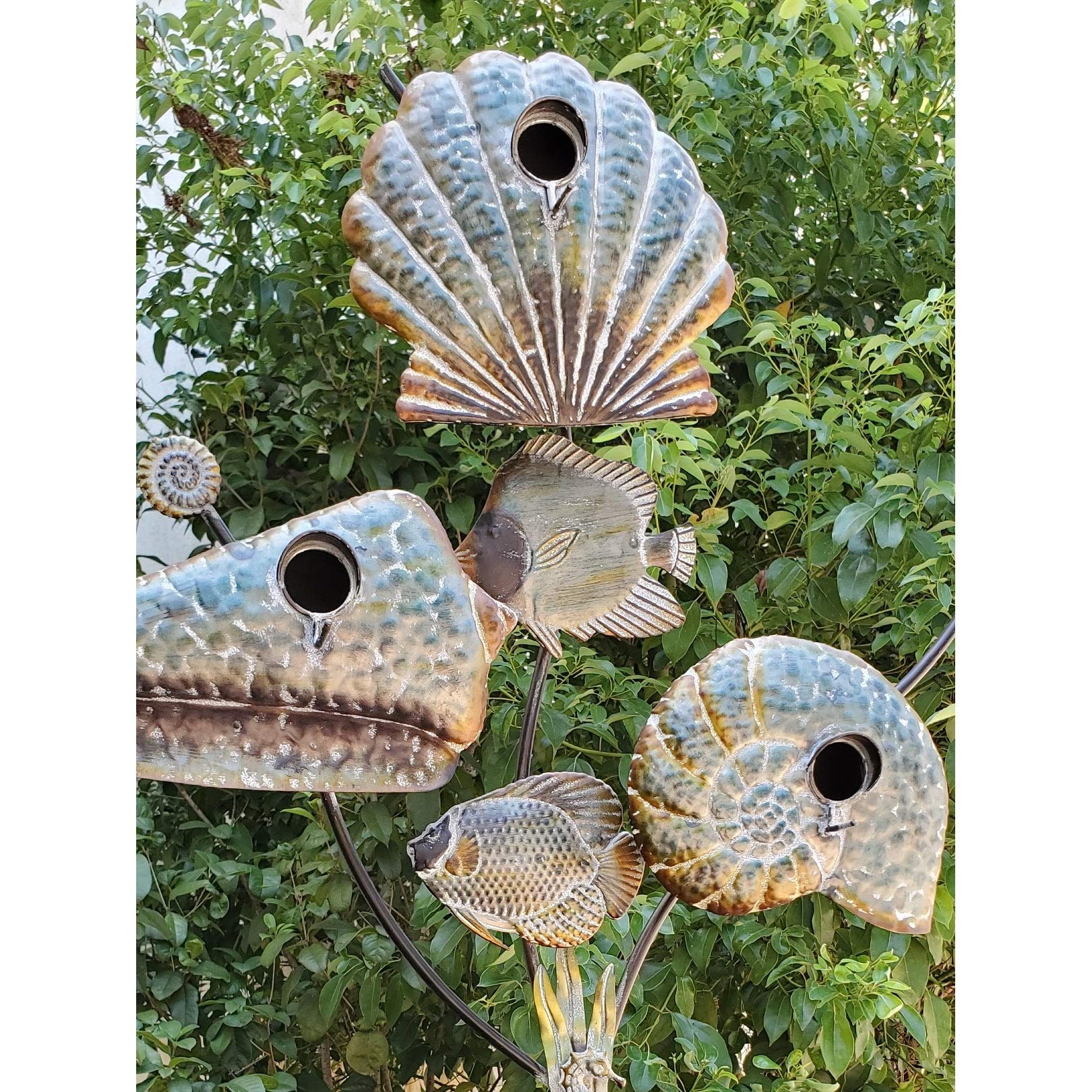 Coastal Style Birdhouse Stake - Seashells Grey Iron - Citiesdeals