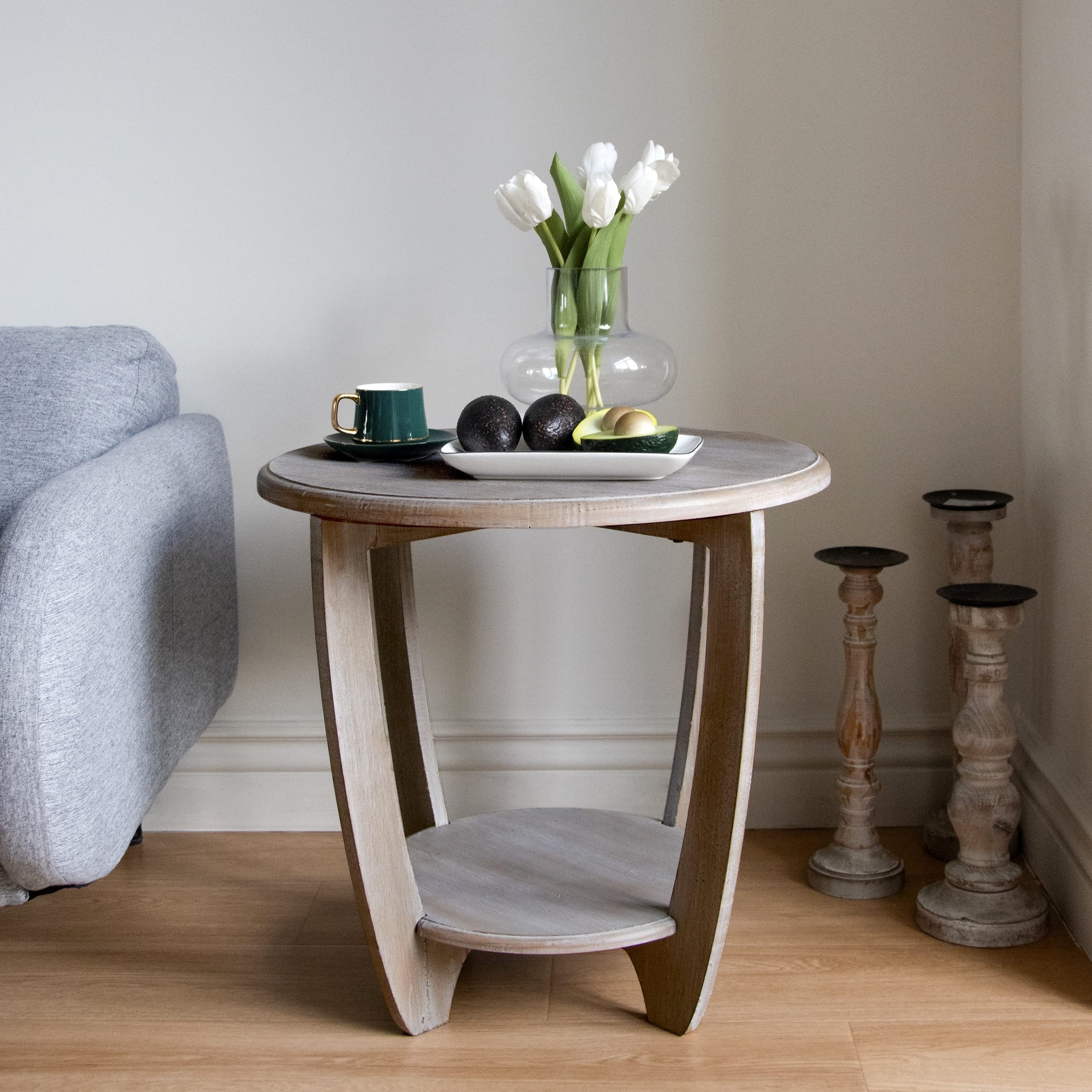 Rustic Farmhouse End Table with Storage Shelf Grey Round Wood Finish - Citiesdeals