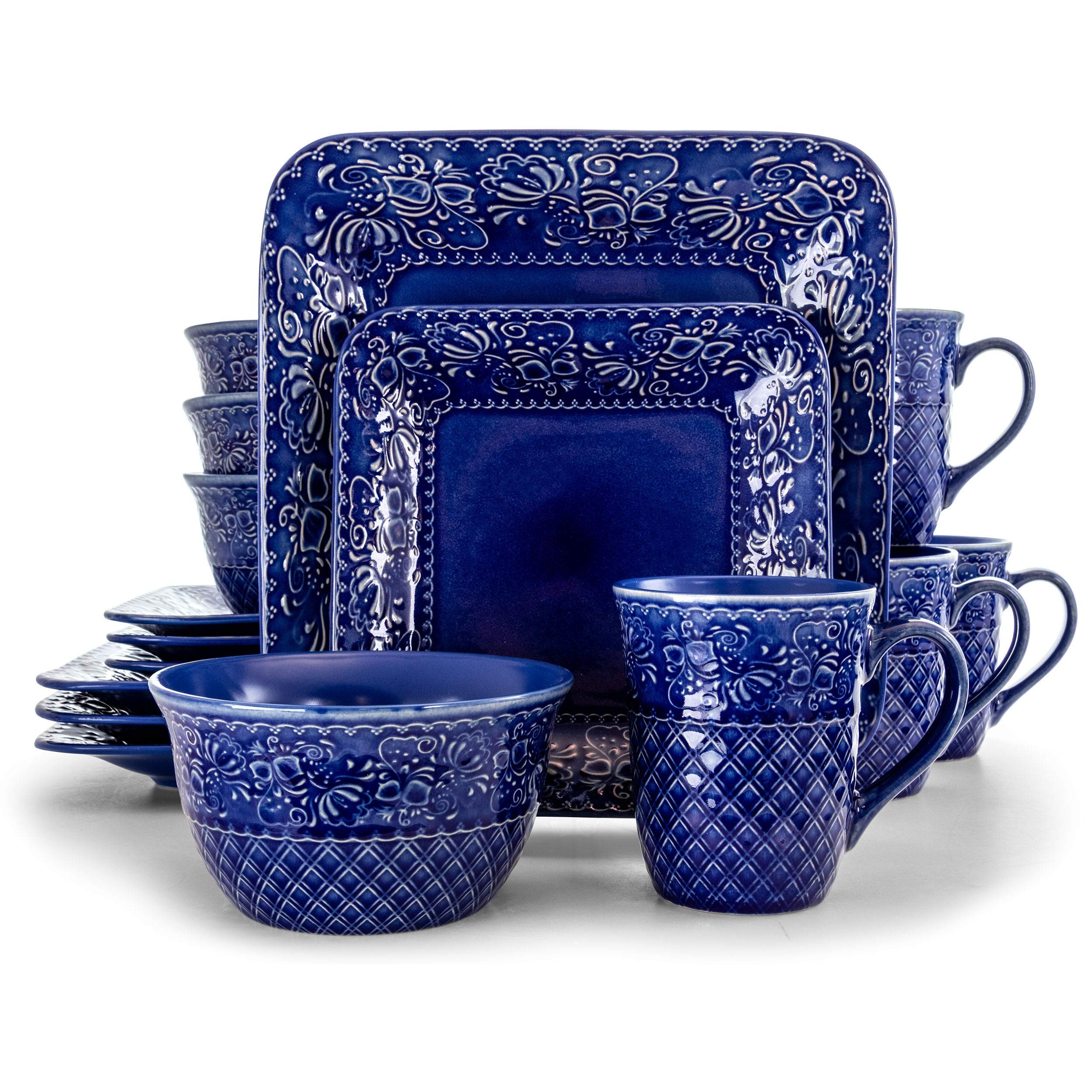 Indigo 16 Piece quare toneware Dinnerware et Blue Textured Casual Microwave - Citiesdeals