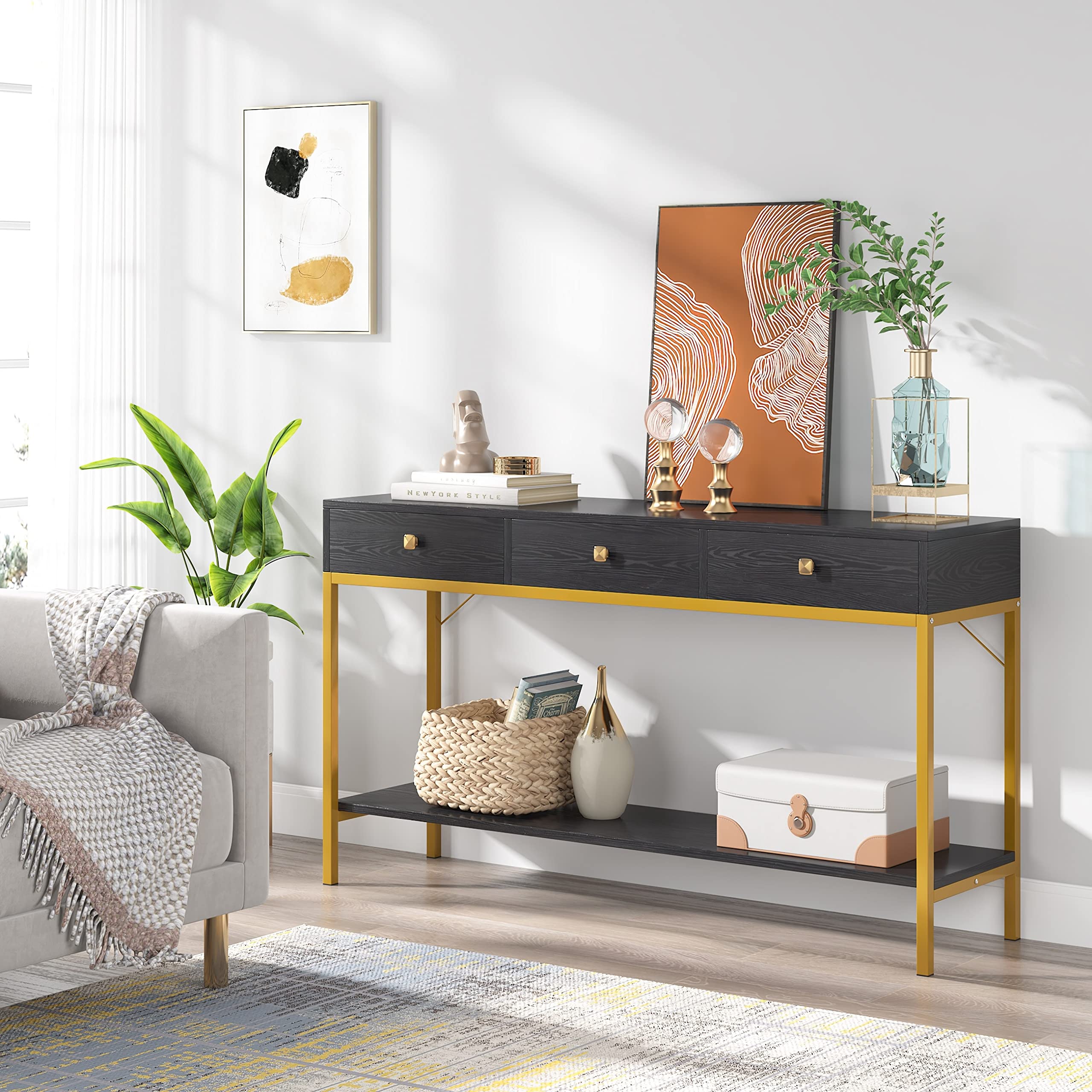 54.33'' Console Table with 3 Drawers Black Entryway Storage Shelves Glam - Citiesdeals