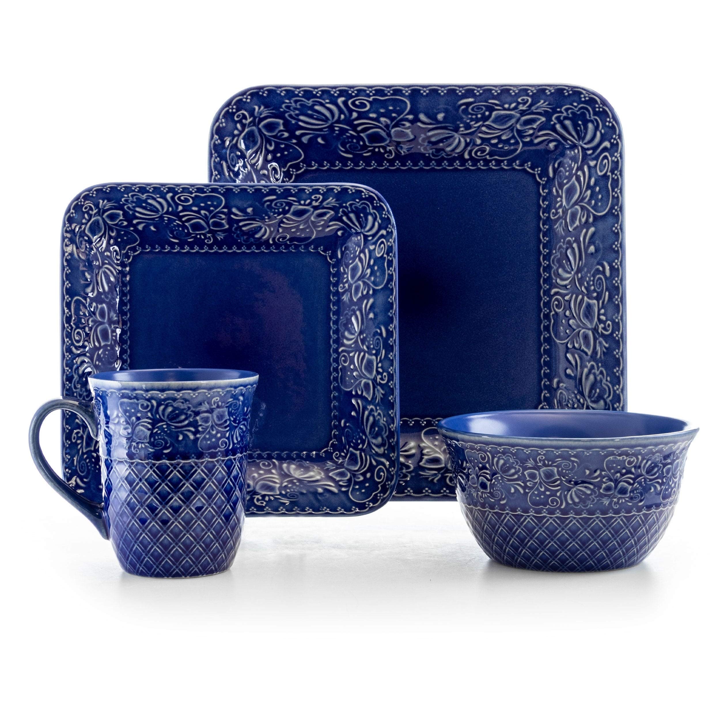 Indigo Lotus 16 Piece Square Stoneware Dinnerware Set Blue Floral Casual - Citiesdeals