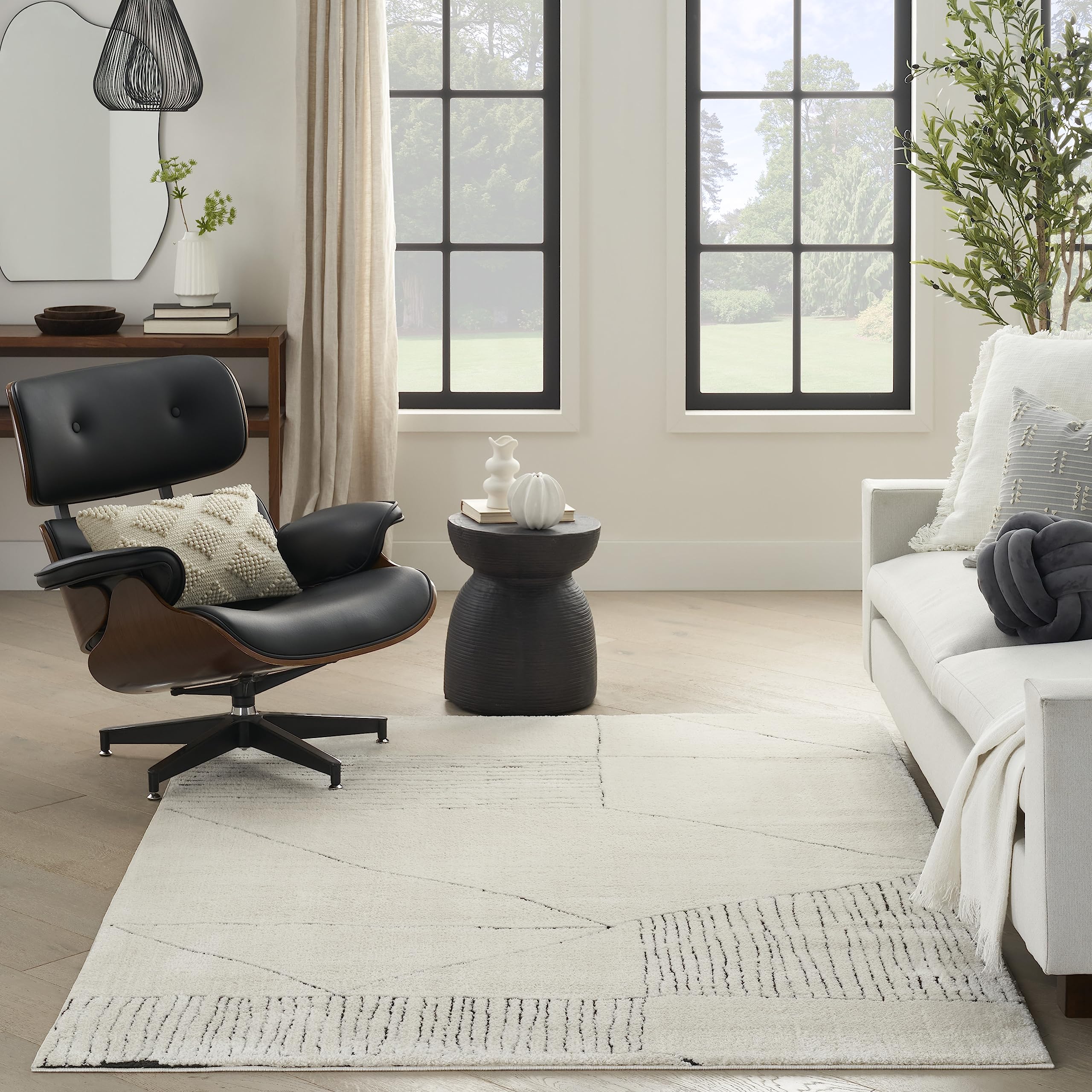 Nourison Cozy Modern Scandinavian Ivory Black 5'3" x 7' Area Rug Non-Shedding - Citiesdeals