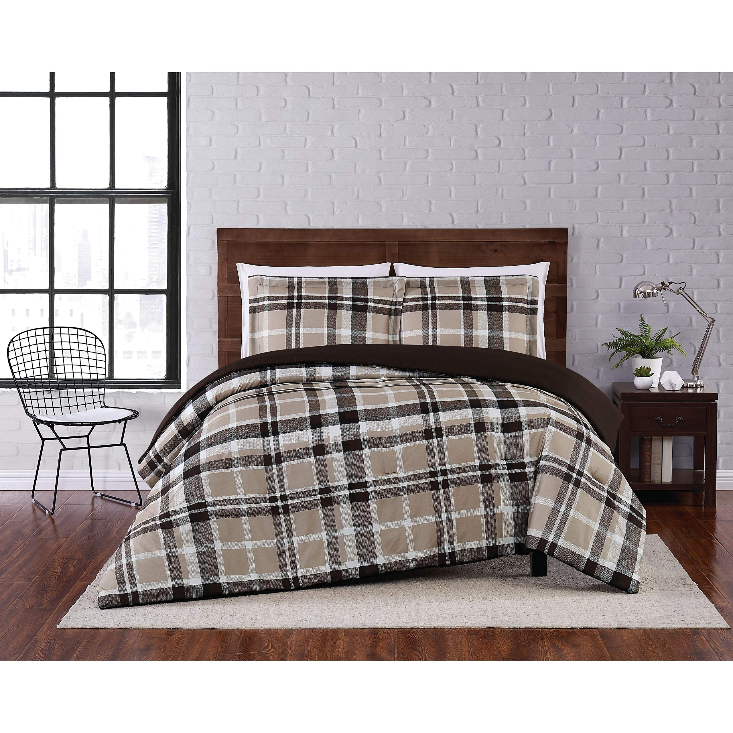 3 Piece Brown Khaki Tan Plaid Comforter Full/Queen Set Plaids Bedding Country Queen/Full/Queen - 3 Piece
