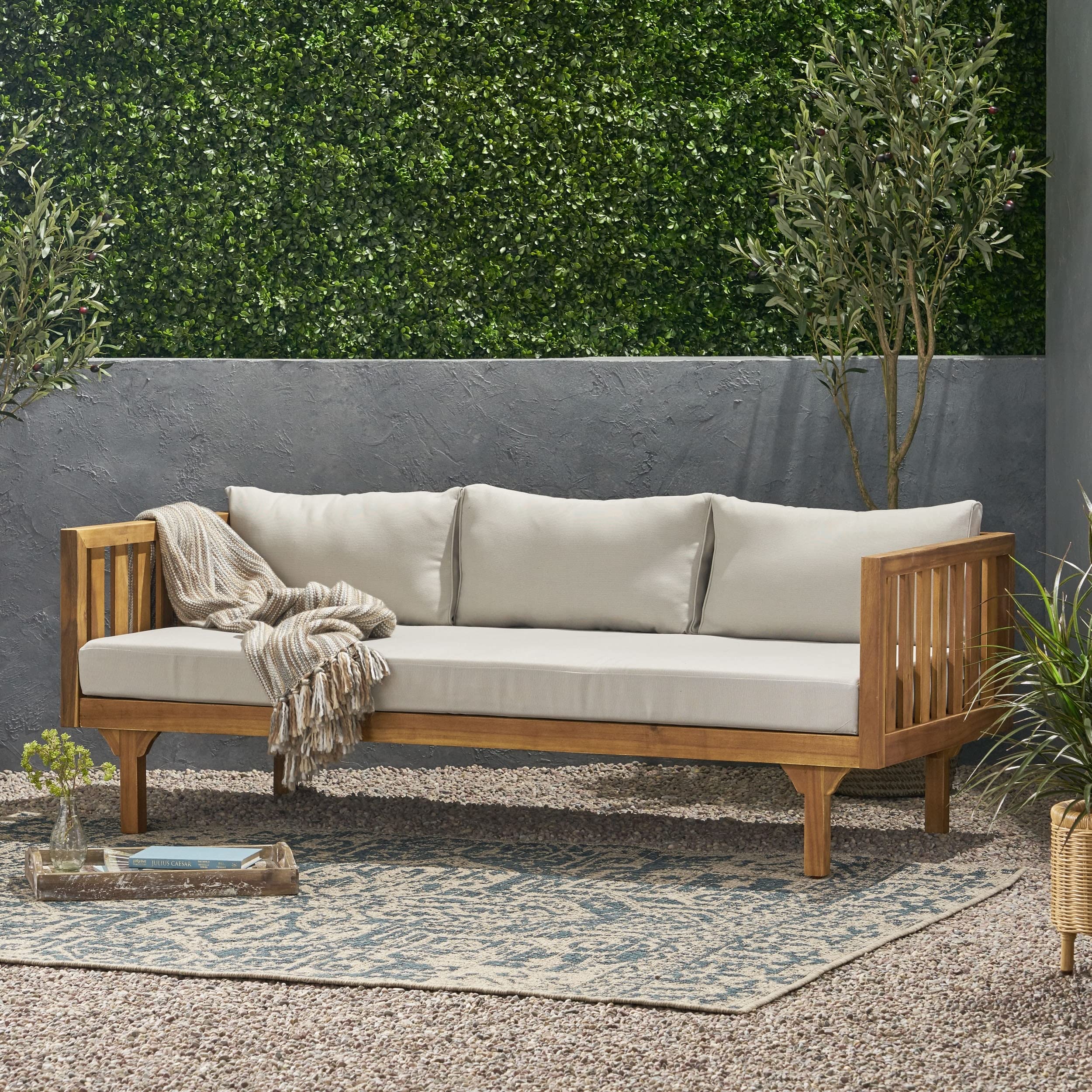 Outdoor 3-seat Acacia Daybed Grey Modern Contemporary Fabric Removable Light Gray+Teak