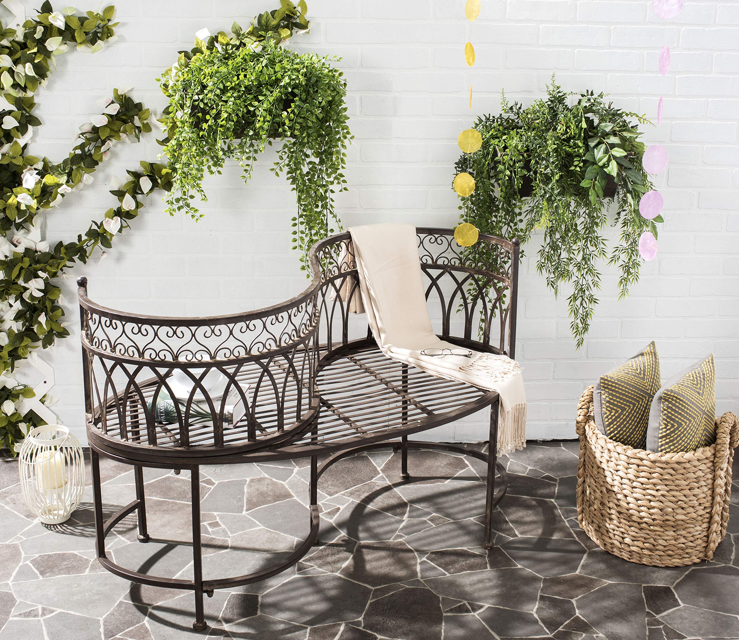 SAFAVIEH Outdoor Collection Lara Victorian Rustic Brown Iron Kissing Bench - Citiesdeals