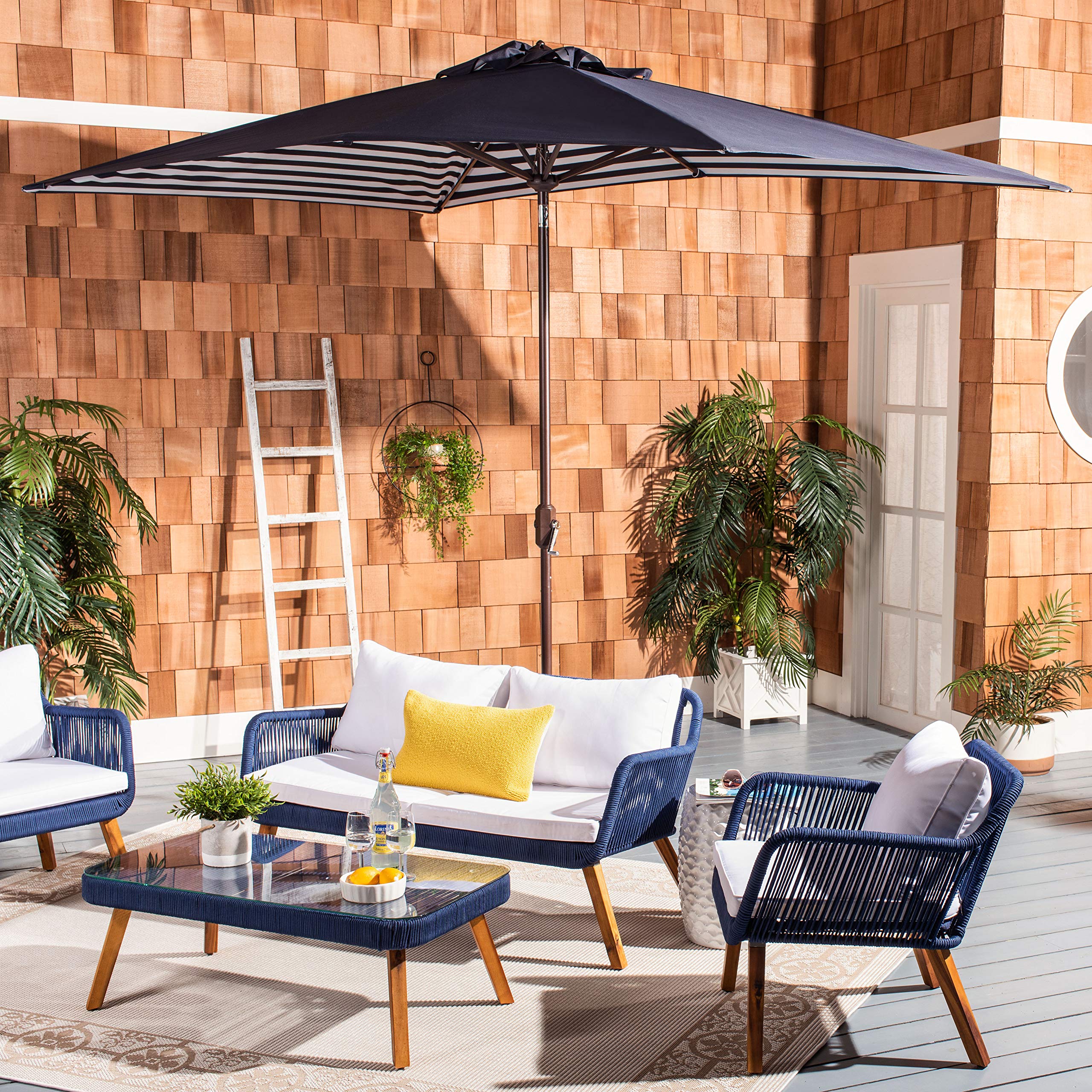 Safavieh PAT8307A Outdoor Athens Navy and White 6'6" x 10' Rectangle Crank UV