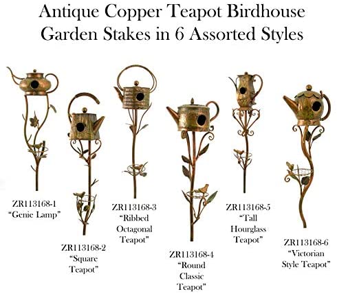 Antique Copper Teapot Birdhouse Garden Stake Round Classic Teapot Brown Iron - Citiesdeals