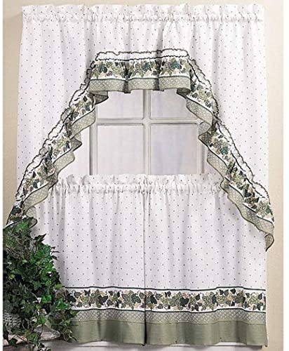 24 Inch Green Color Tier & Swag Window Curtain Set White