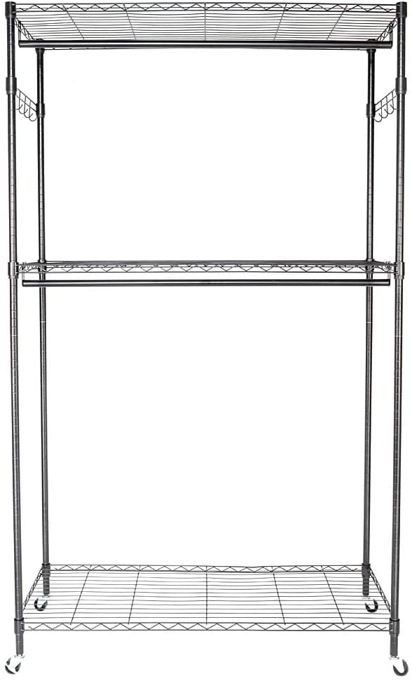 2 Tier Rod Closet Organizer Garment Rack Clothes Storage Hanger Shelf Black - Citiesdeals