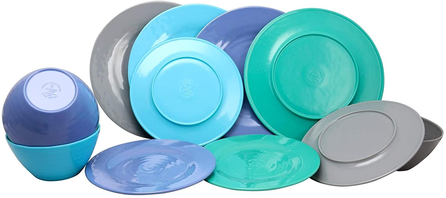 12 Piece Dinnerware Set Cool Colors Color Solid Casual Round Dishwasher Safe - Citiesdeals