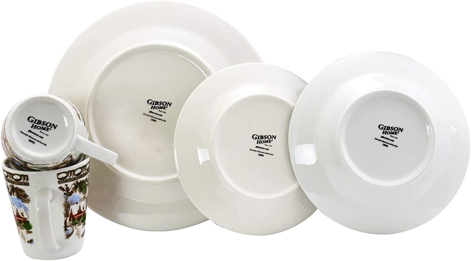 Cozy Christmas Scenic Cottage 16 Piece Dinnerware Set White Animal Casual Round Stoneware Microwave Safe - Citiesdeals