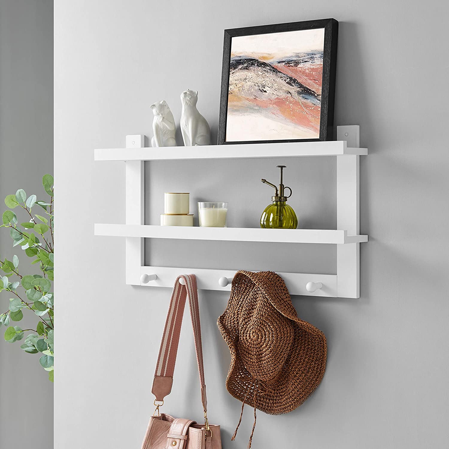 Two Tier Ledge Shelf Wall Organizer Five Hanging Hooks White MDF Matte Includes Hardware - Citiesdeals