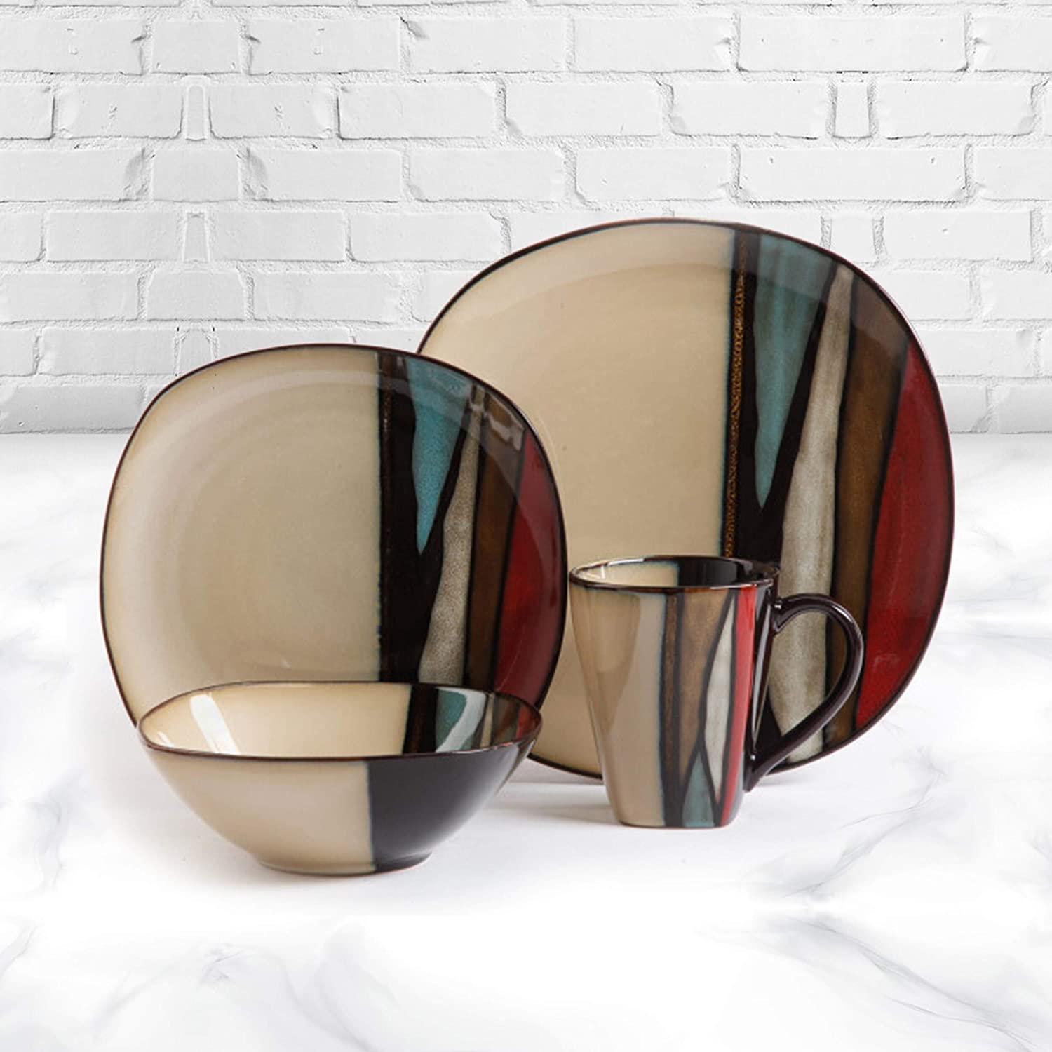 16 Piece Stoneware Dinnerware Set Brown Stripe Casual Square Microwave Safe - Citiesdeals