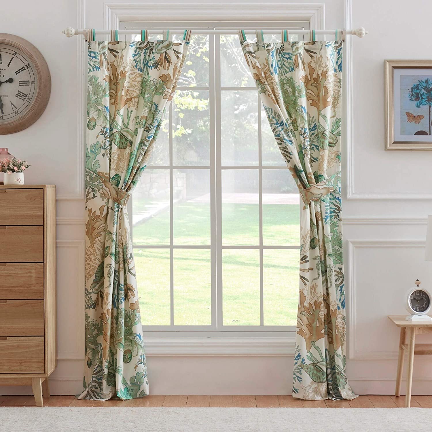 Green Coastal Curtain Panel Set (Set 2) 42" w X 84" l Brown Cream Nautical Microfiber Lined - Citiesdeals