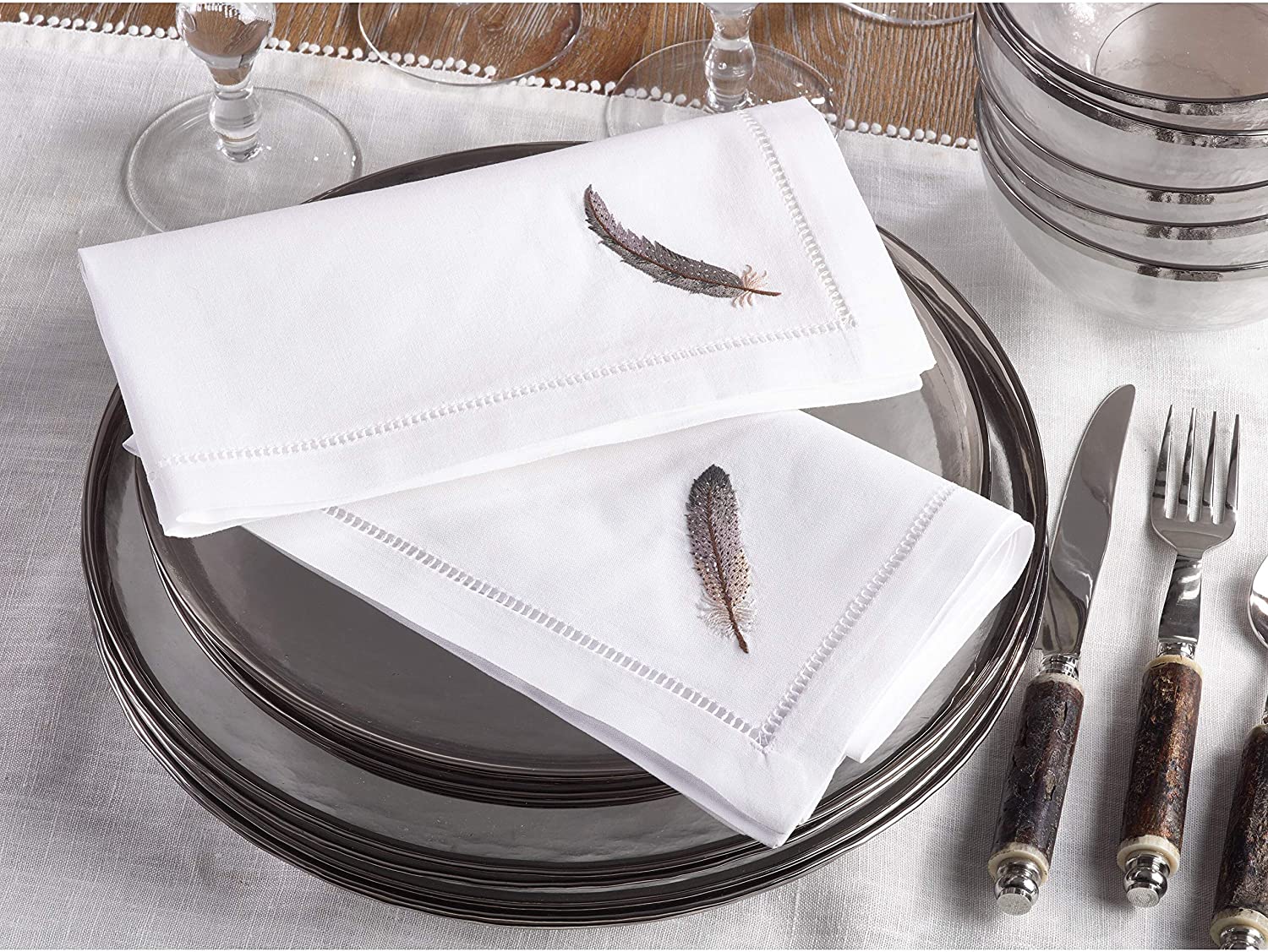 Embroidered Gray Feather Hemstitched Cotton Napkin (Set 6) White Solid Country Farmhouse Rustic Square - Citiesdeals