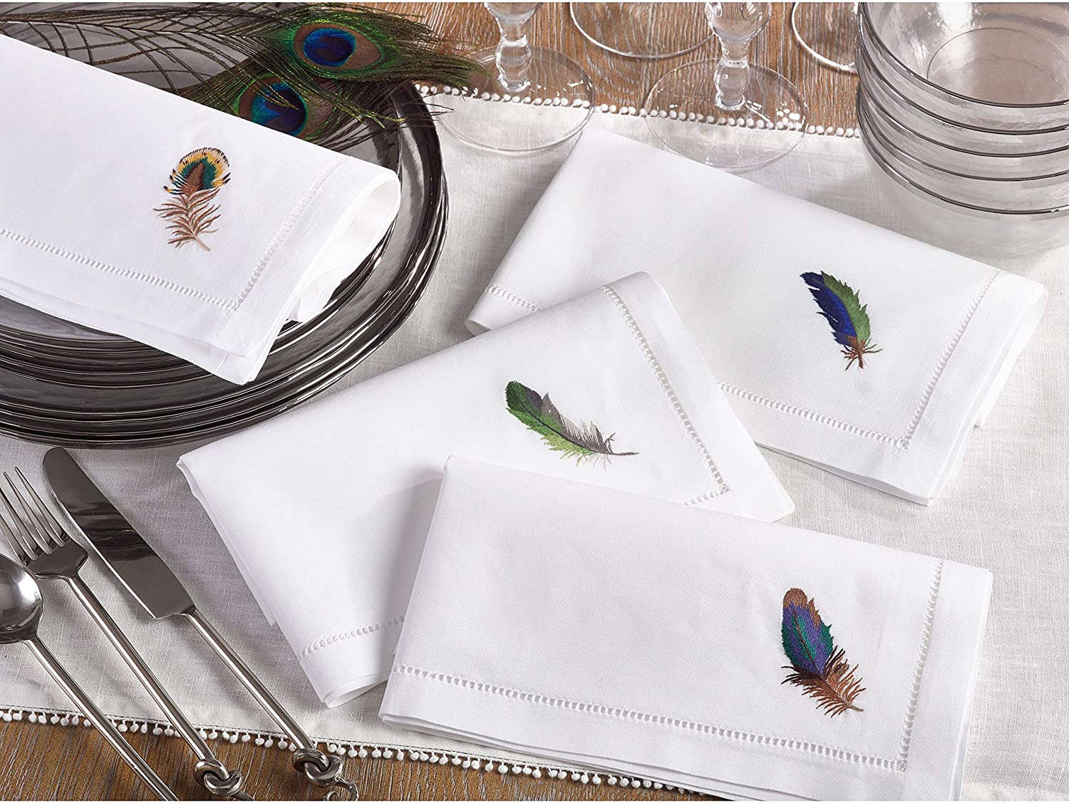 Embroidered Multicolor Feather Hemstitched Cotton Napkin (Set 6) White Solid Country Farmhouse Rustic Square - Citiesdeals