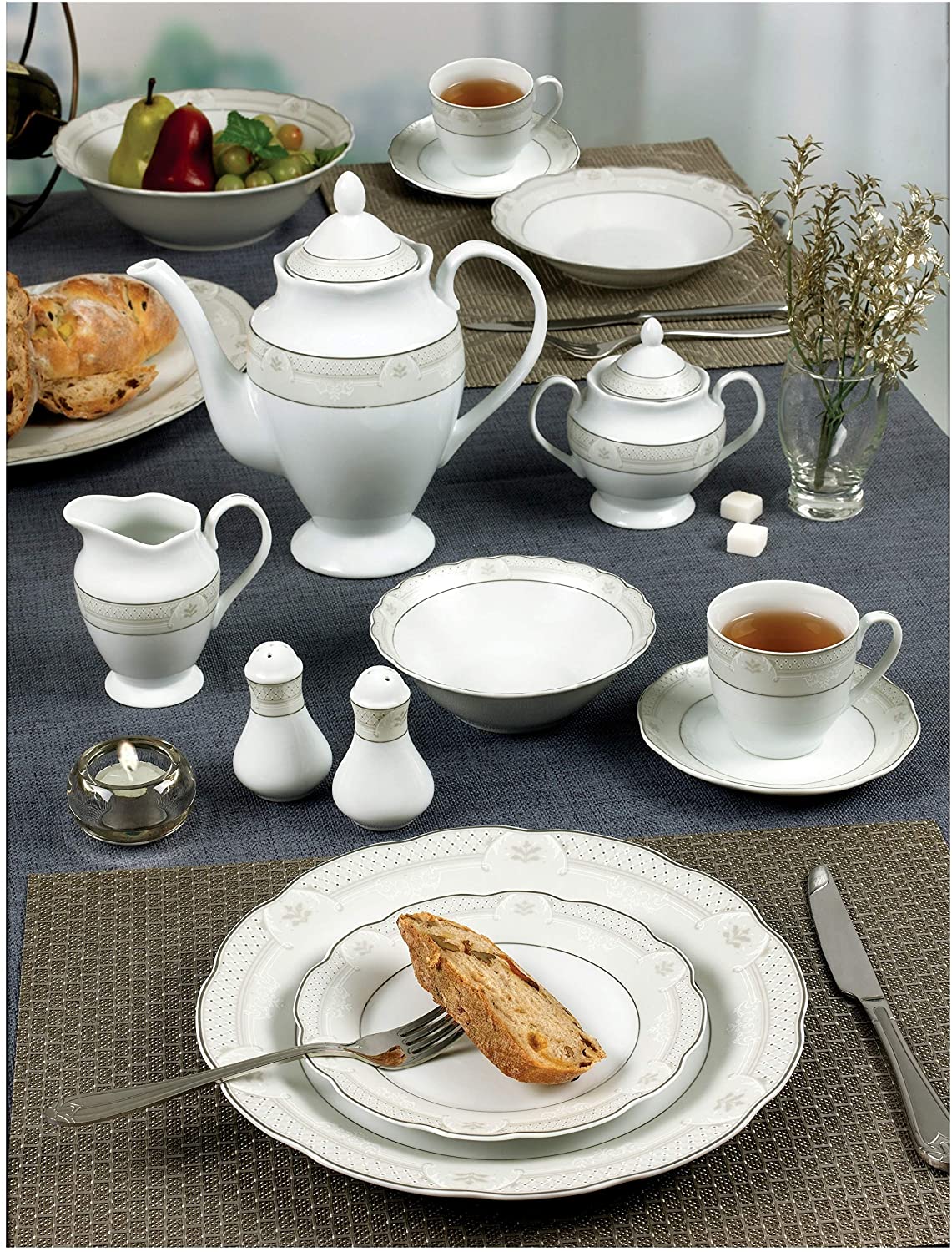 57 Piece Wavy Dinnerware Set Porcelain China Service 8 People Atara Silver Banded Casual Round Porcelain Dishwasher Safe - Citiesdeals