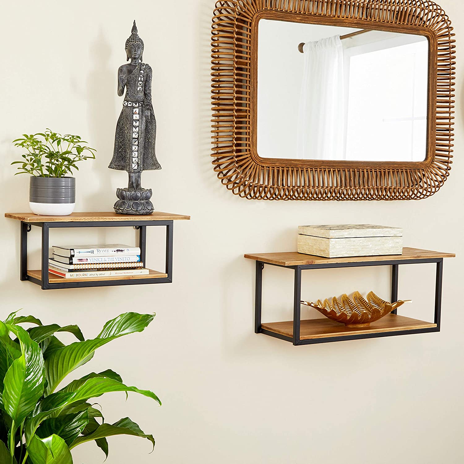 Rectangular Wood Black Metal 2 Tier Wall Shelf Set 2 28" 20" 20 X 8 Color Industrial - Citiesdeals