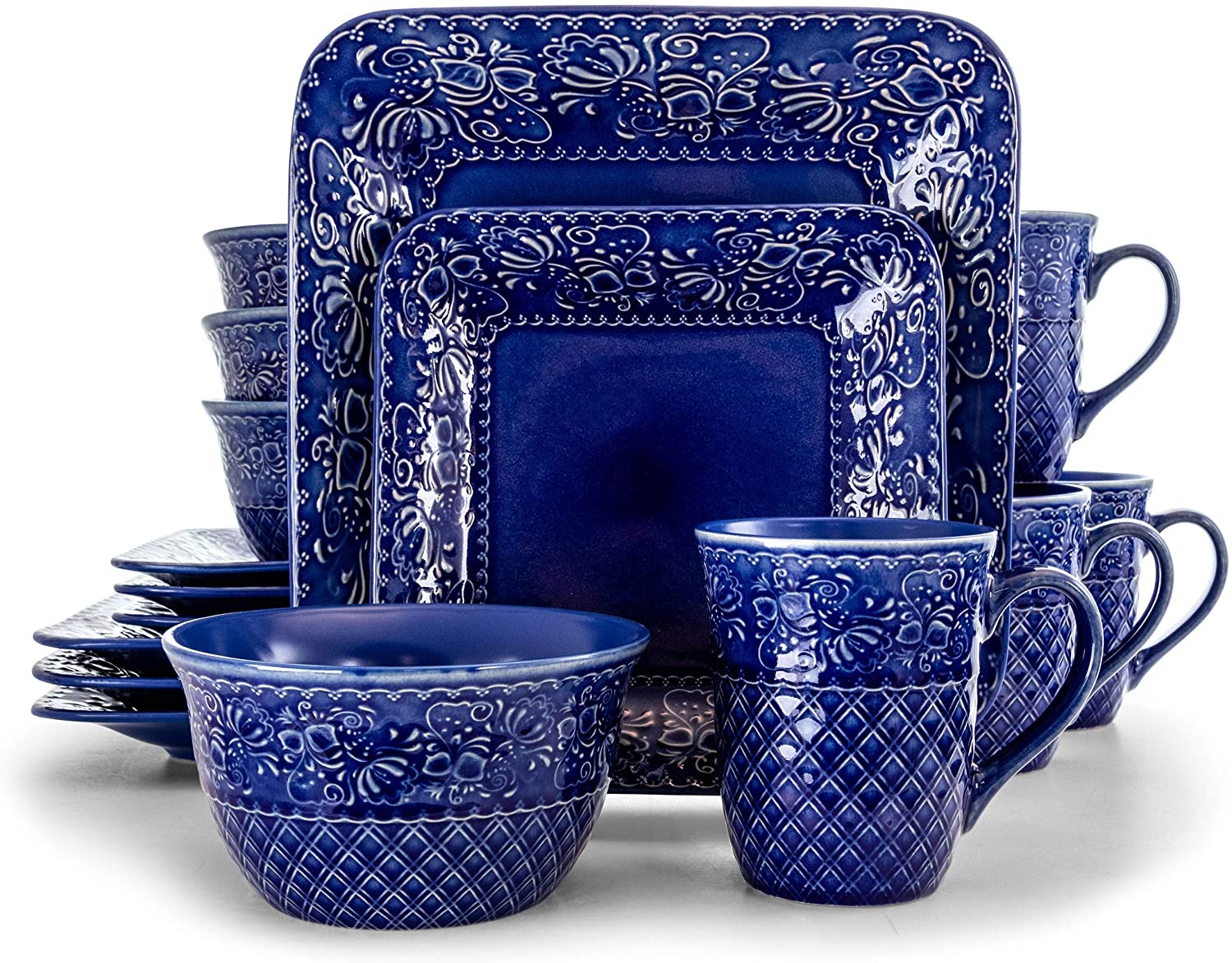 Indigo 16 Piece Square Stoneware Dinnerware Set Blue Textured Casual Microwave Safe - Citiesdeals
