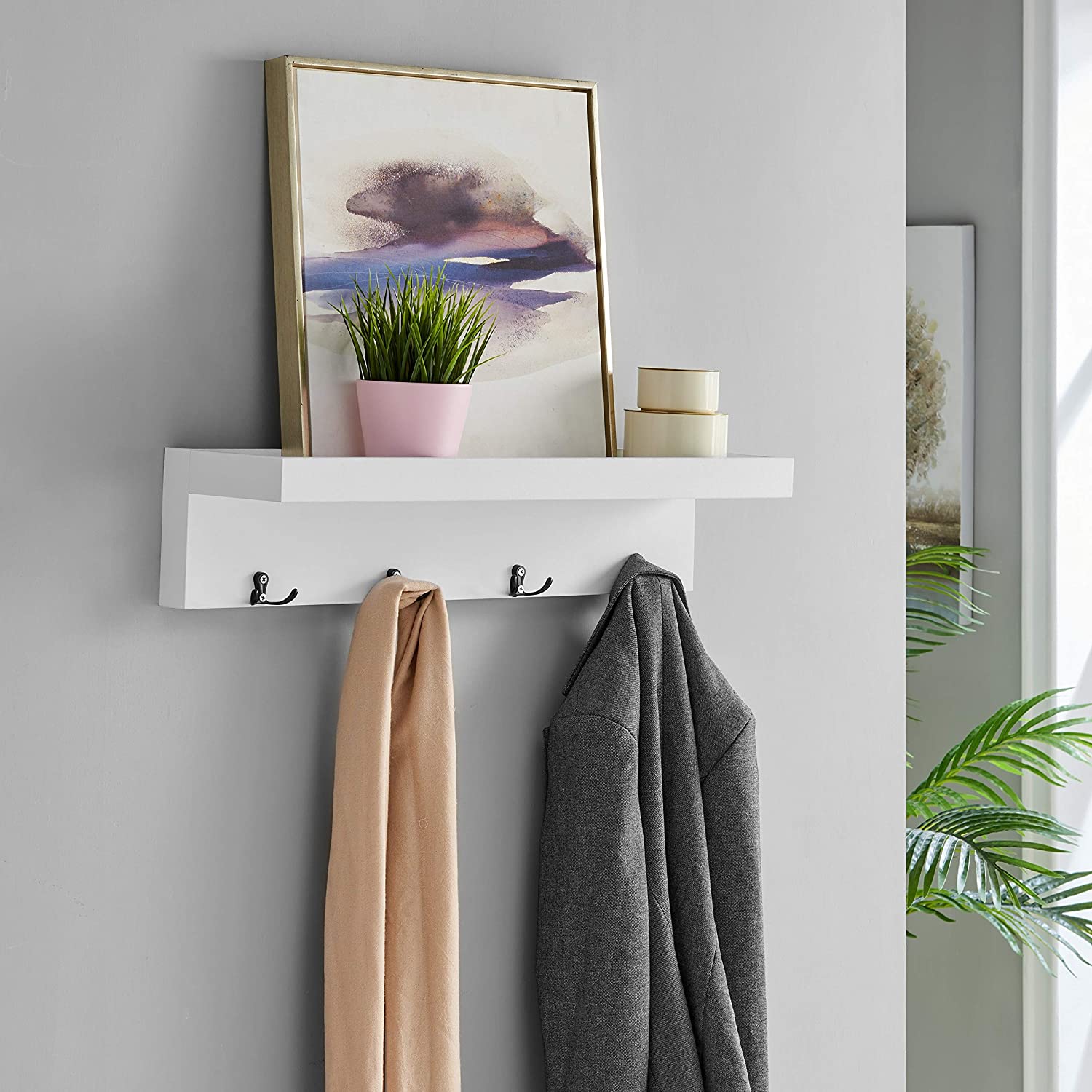 Wall Mounted Coat Rack Decorative Ledge Shelf White MDF Matte Includes Hardware - Citiesdeals