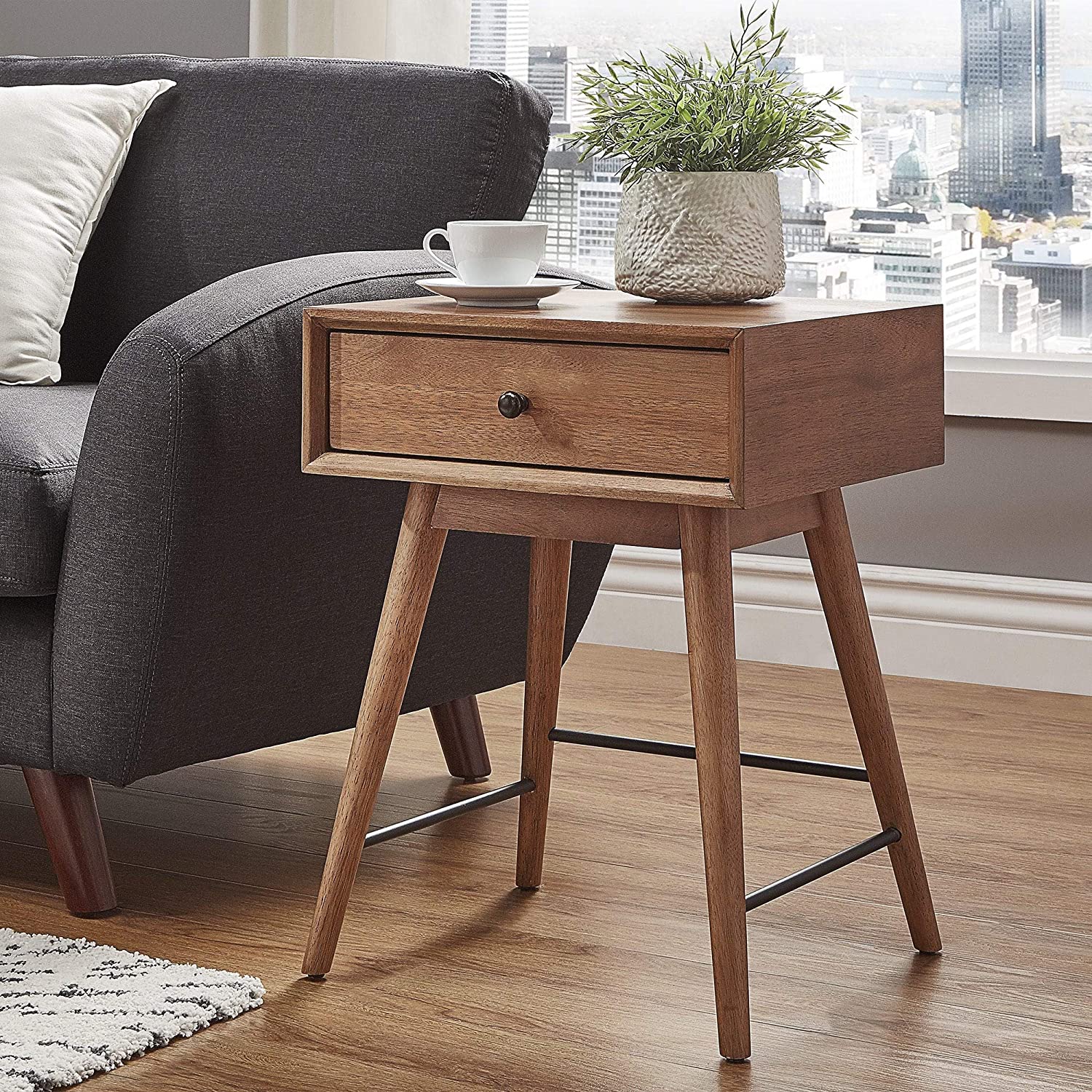 Brown Wood 1 Drawer End Table Modern Black Beach Mid Century