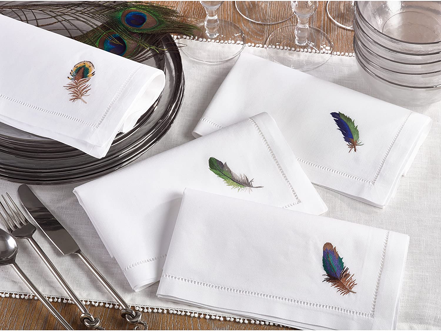 Embroidered Blue Feather Hemstitched Cotton Napkin (Set 6) White Solid Country Farmhouse Rustic Square - Citiesdeals