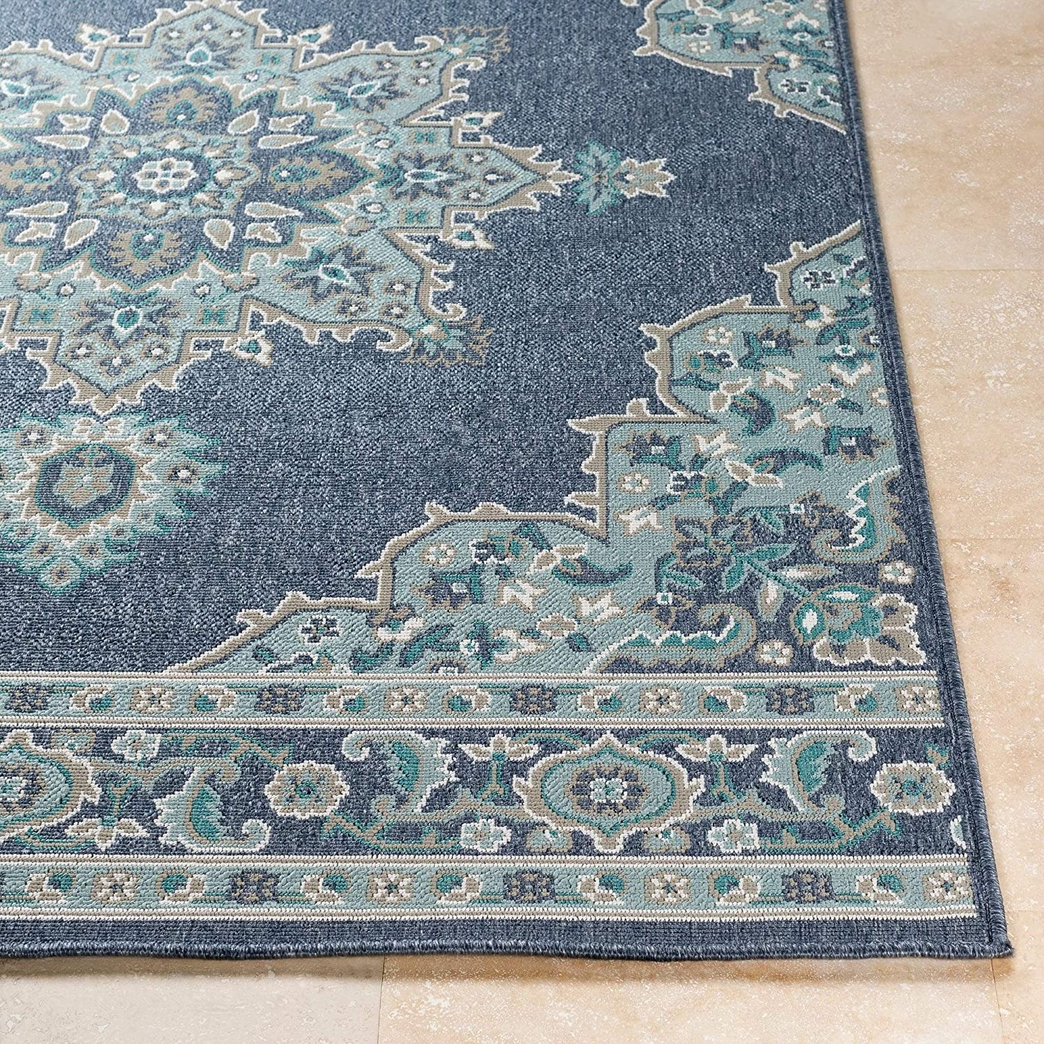 MISC Medallion Indoor/Outdoor Area Rug 7'6" X 10'9" Blue Transitional Rectangle Olefin Synthetic Latex Free Pet Friendly Stain Resistant