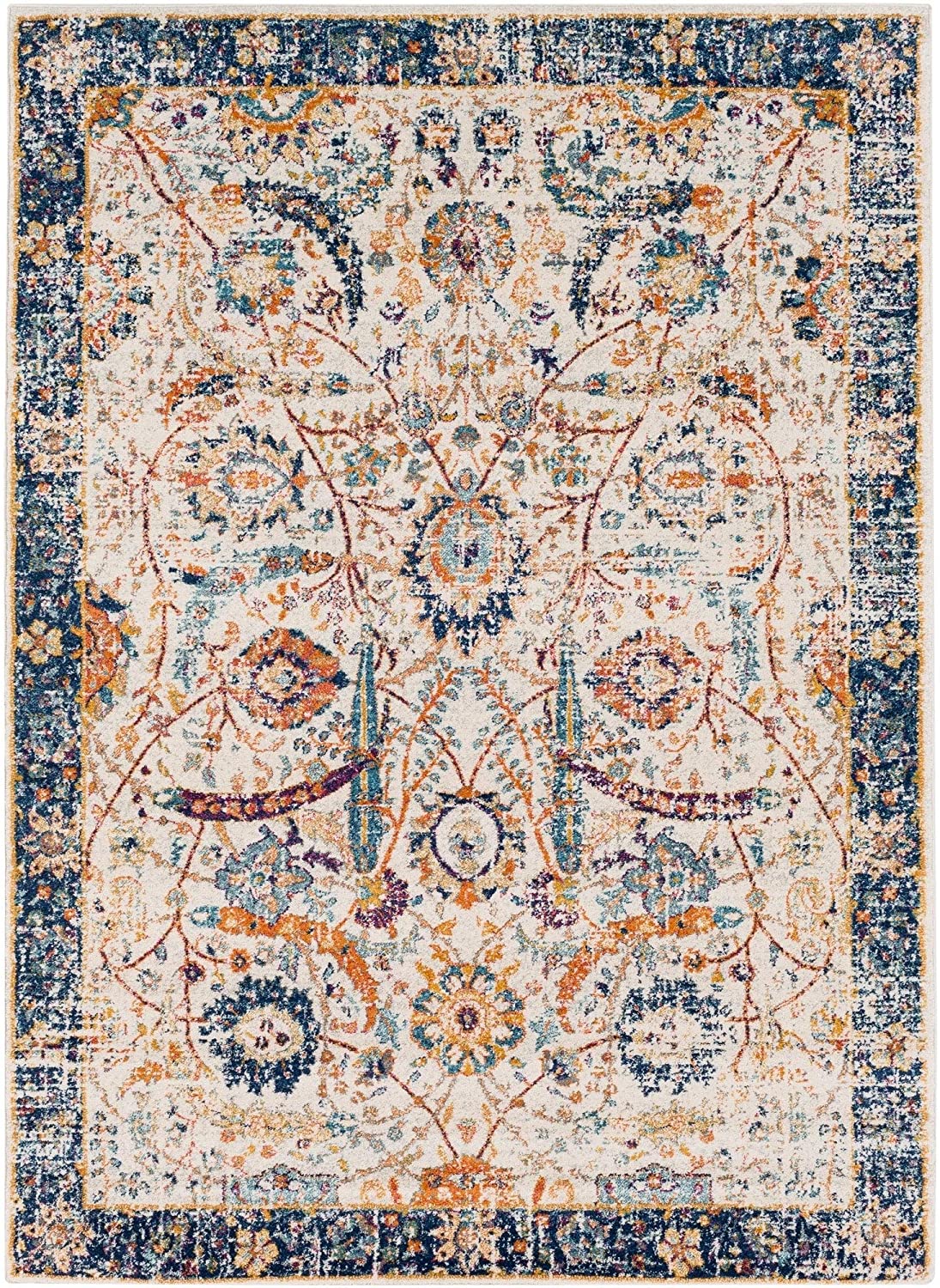 MISC Distressed Vintage Area Rug 6'7" X 9' White Border Oriental Traditional Rectangle Polypropylene Synthetic Latex Free Pet Friendly Stain Resistant